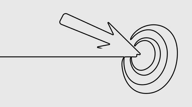 Animation video Continuous one line drawing of arrow in center of target. Strategic marketing or business concept, Arrow hitting target center, Single line drawing animation, Goal achievement minimal.