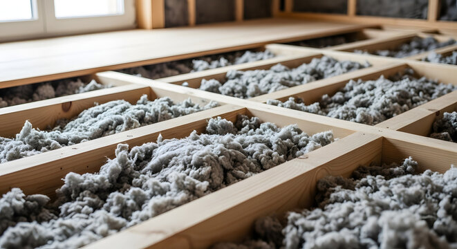 Loose-fill cellulose insulation in wooden floor joists, grey fluffy texture, eco-friendly thermal barrier installation against unfinished attic or subfloor backdrop