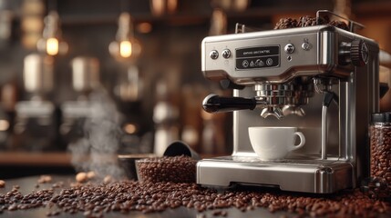 Elegant silver espresso machine on wooden table with fresh coffee beans and a steaming cup, capturing the essence of coffee culture and craftsmanship