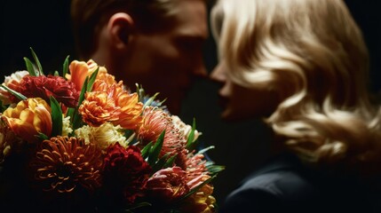 A man presents a woman with a bouquet of bright flowers, dramatic black background, strong emphasis on the colorful bouquet, faces partially hidden or out of focus, elegant minimalist composition