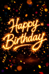 Glowing Happy Birthday message written with sparklers on a dark festive background, bursting with confetti and joy - greeting card, party invitation, and celebration marketing