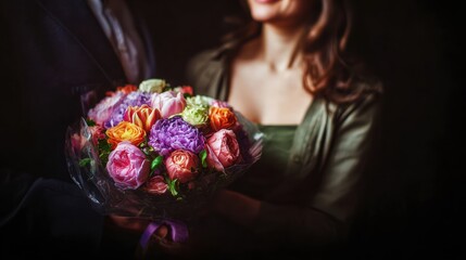 A man presents a woman with a bouquet of bright flowers, dramatic black background, strong emphasis on the colorful bouquet, faces partially hidden or out of focus, elegant minimalist composition