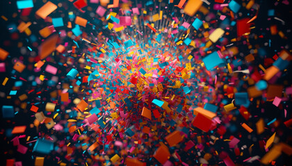 A vibrant explosion of colorful confetti in mid-air creates a festive atmosphere