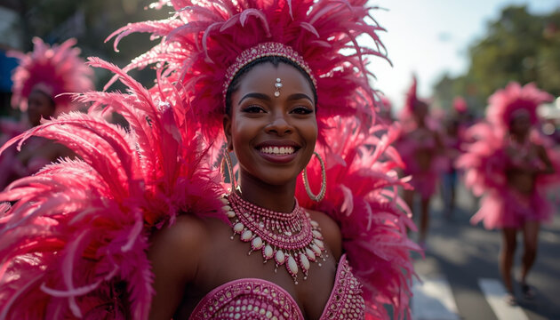A smiling woman in a vibrant pink costume and feathered headdress dancing in a parade