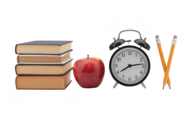 School supplies with apple and clock books pencils isolated on a transparent background