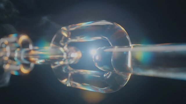 A close-up view of a transparent glass chain link with refracted light against a dark background.