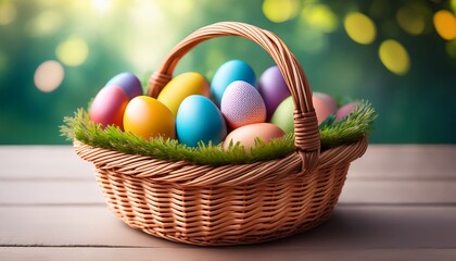 Wicker Easter Basket Filled With Colorful Eggs Generative Ai