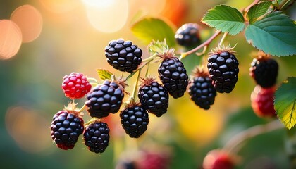 Vibrant Close Up Of Fresh Blackberries On A Branch With Colorful Soft Focus Background For Food Photography