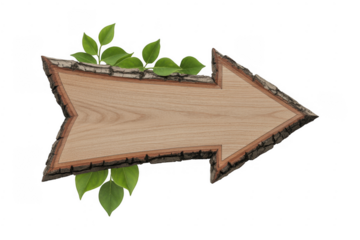Wooden arrow sign with green leaves isolated on a transparent background