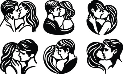 Valentine day couple kissing each other bundle silhouette icon vector art illustration