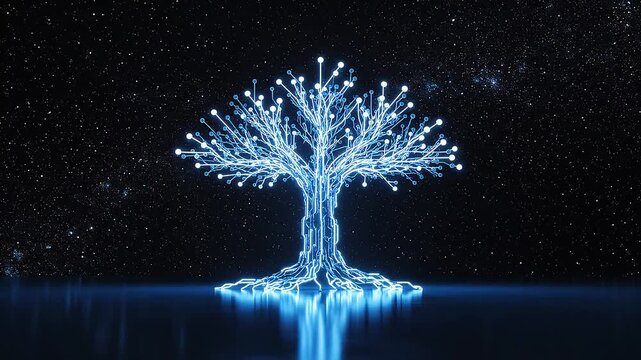 A fully formed, glowing blue digital tree with its branches extending into a starry sky, reflecting on a dark surface.