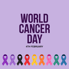 World cancer day awareness poster with colorful ribbons and date 4th february on purple background