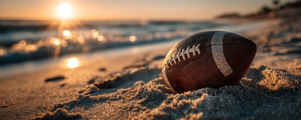 Sunny Summer Vibe with Football on Beach at Sunset Overlooking Ocean Waves