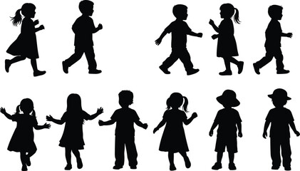 Fototapeta premium Silhouettes of Diverse Children in Walking, Running, and Standing Poses for Educational, Family, School, Playground, or Activity-Based Vector Designs