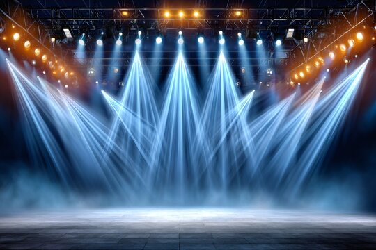 Empty concert stage with dazzling spotlights and smoke effects