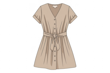 Tan Short- Sleeved Dress with Belt tan dress short-sleeved dress isolated on a transparent background