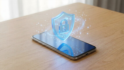 Cybersecurity protection for mobile devices. A glowing blue digital shield with a padlock icon floats above a smartphone on a wooden table, representing mobile data privacy and app security.