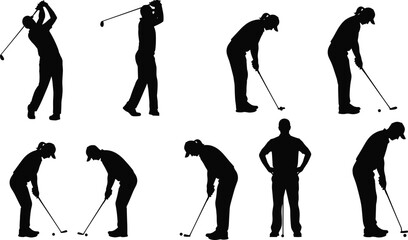 Obraz premium Silhouettes of Golfer in Swing and Putting Poses for Sports, Training, Fitness, Recreation, or Golf Technique Vector Illustration Use