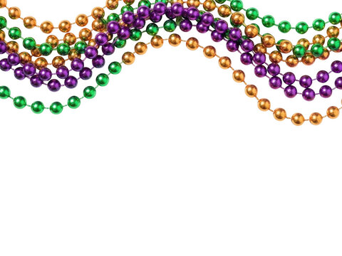 Mardi gras beads in green, purple, and gold isolated on transparent background
