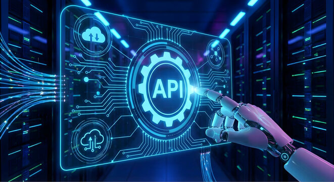 Futuristic API Interface Concept with Robotic Hand Touching Digital Screen in Data Center