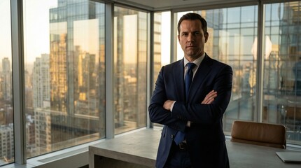 Fototapeta premium Confident Businessman Posing in Modern High-Rise Office with City View