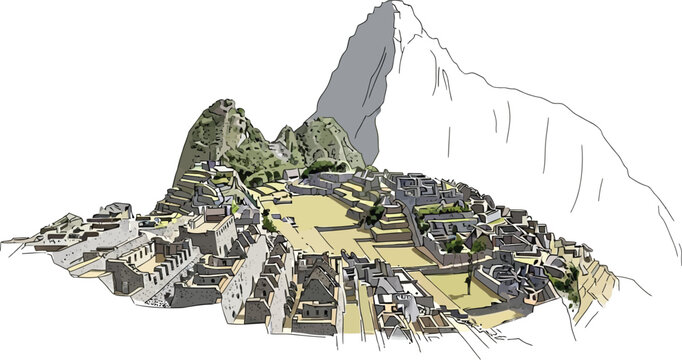Machu Picchu ancient Inca citadel in Andes mountains, Peru, detailed vector illustration