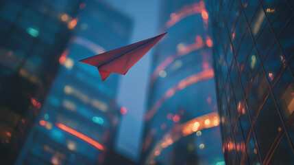 Paper airplane over skyscraper