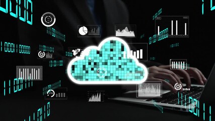 A professional engages with cloud technology on a laptop, surrounded by dynamic data visuals showcasing analytics and business insights in a modern workspace. Xenic - Powered by Adobe