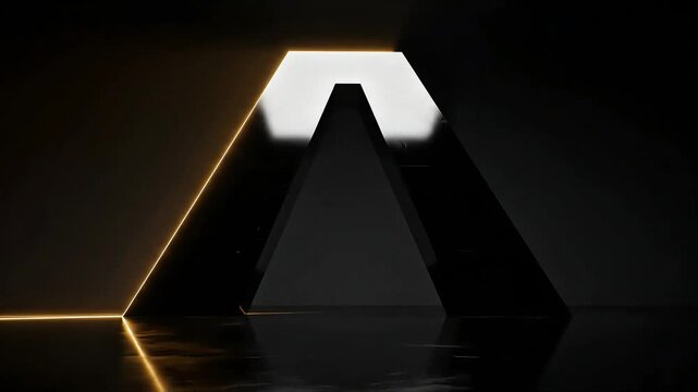 A sleek, modern pyramid structure illuminated by a golden light against a dark background from a front viewpoint