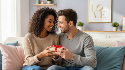 A happy diverse couple exchanging gift on cozy sofa at home enjoying festive moment. Valentine's Day concept.