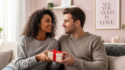 A happy diverse couple exchanging gift on cozy sofa at home enjoying festive moment. Valentine's Day concept.