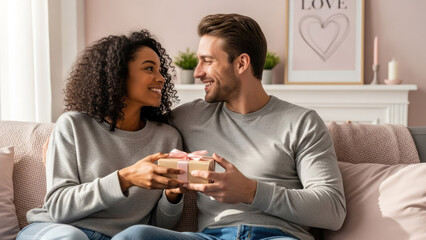 A happy diverse couple exchanging gift on cozy sofa at home enjoying festive moment. Valentine's Day concept.