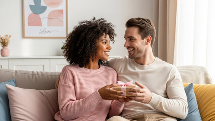 A happy diverse couple exchanging gift on cozy sofa at home enjoying festive moment. Valentine's Day concept.