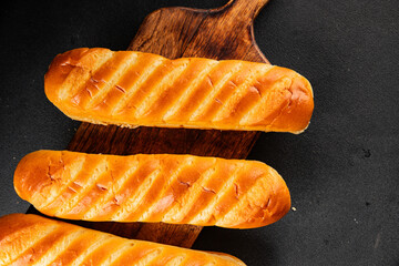 Fresh bun for hot dog natural baked goods soft ingredient appetizer fresh tasty table setting gourmet food background on the table rustic food top view copy space