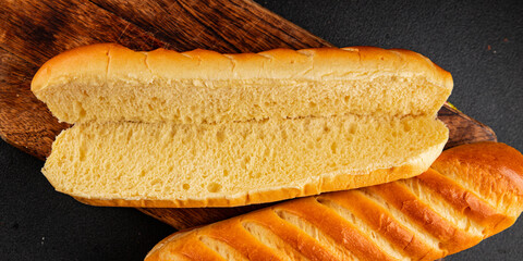 Fresh bun for hot dog natural baked goods soft ingredient appetizer fresh tasty table setting gourmet food background on the table rustic food top view copy space