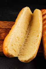 Fresh bun for hot dog natural baked goods soft ingredient appetizer fresh tasty table setting gourmet food background on the table rustic food top view copy space