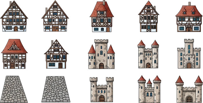 Medieval village architectural set with half timbered houses stone castles cobblestone roads and defensive tower icons
