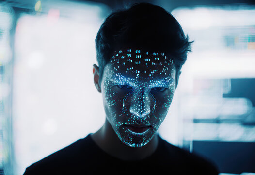 Person with digital overlay on face in modern office setting