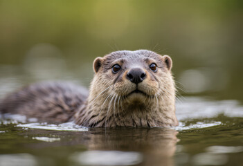 Fototapeta premium Otter swimming in clear water surrounded by green foliage