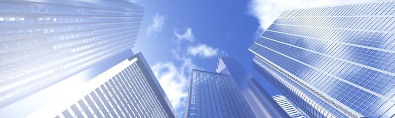 Beautiful cityscape against a blue sky with clouds, skyscrapers looking up, high-rise buildings from below, 3D rendering © ustas