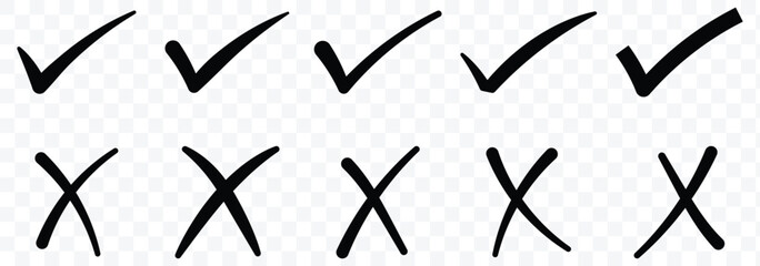 Digital hand drawing check mark vector set. Creative vector tick mark icon set. Checklist symbol right and wrong set.