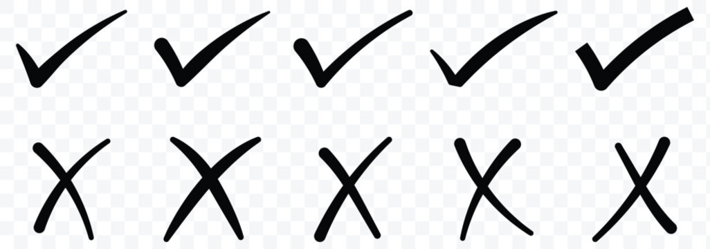 Digital hand drawing check mark vector set. Creative vector tick mark icon set. Checklist symbol right and wrong set.
