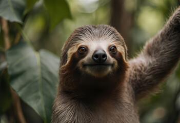Obraz premium Curious Sloth Reaching Up in Tropical Forest