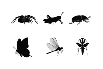 Black vector Silhouette Set of Common Arthropods and Flying Insects.