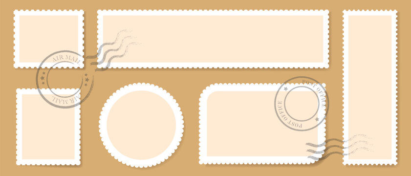 Postage stamp blank frame collection of various shapes ,Postage stamps vintage rough seals, Postage stamp blank template collection. Letter stamps with perforated edges.
