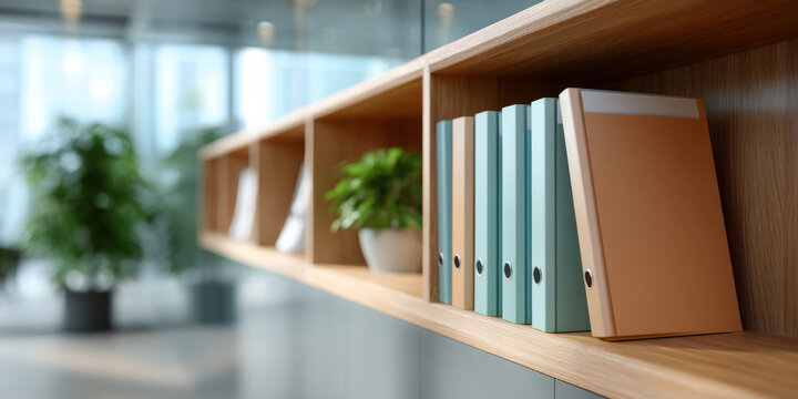 Modern shelf with organized pastel-colored binders and green potted plants in a bright, spacious workspace environment