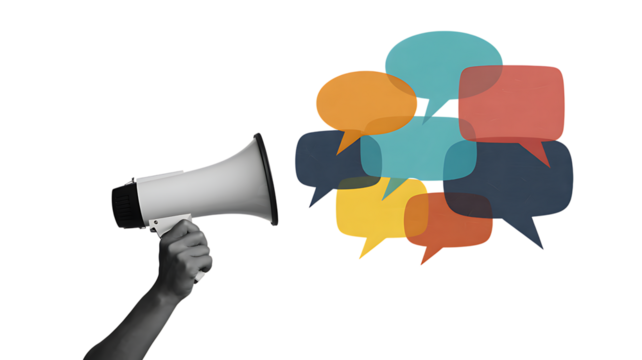 Hand holding silver megaphone with colorful speech bubbles on transparent background loudspeaker - Powered by Adobe