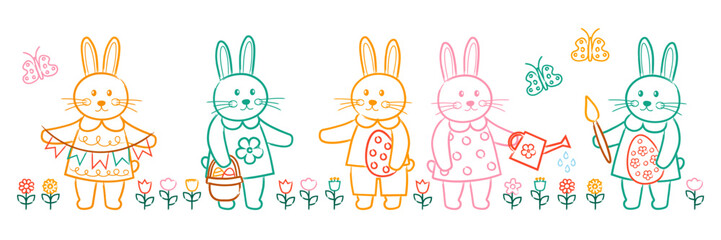 Cute Easter bunnies are celebrating Easter by carrying colorful Easter eggs, holding eggs, and gardening while surrounded by flowers, bees, and butterflies in a cheerful spring scene.