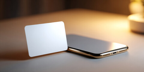 Blank white business card standing next to a modern smartphone on a smooth surface with warm ambient lighting