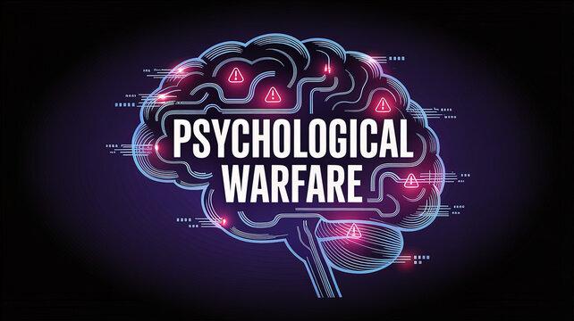 Psychological Warfare: An illustration of a brain with the words Psychological Warfare overlaid, with warning signs placed strategically, suggesting a complex and strategic concept.